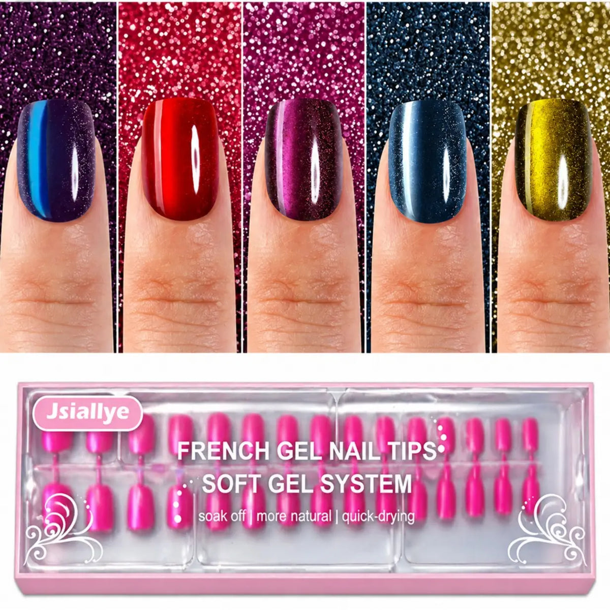 Jsiallye 150Pcs Cat Eye Press on Nails Short Square，Soft Gel Fake Nails, Glossy Glitter Cat Eye Nail Tips for Women and Girls Stick On Nails in 12 colour,summertime nail cateyes nail,salon -quality nails for everyday,gift for women summernail