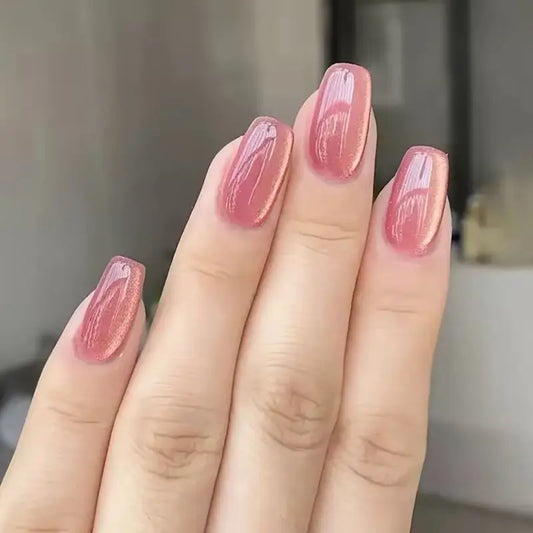 24pcs Pink Resin Stone Cat Eye Effect Full Cover Acrylic Press On False Nails Square Shaped Sparkle Design For Women's Party Daily Wear Nail Art Nail Care Nail Polish Polish