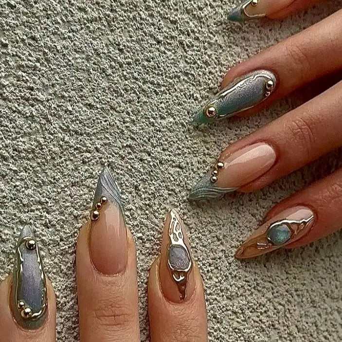 SHEDARES Luxe Galaxy – Handmade Metallic Grey & Nude Press-On Nails with Gold Charms & Marble Stone Effect – Celestial Luxury Nails for Dates & Special Events