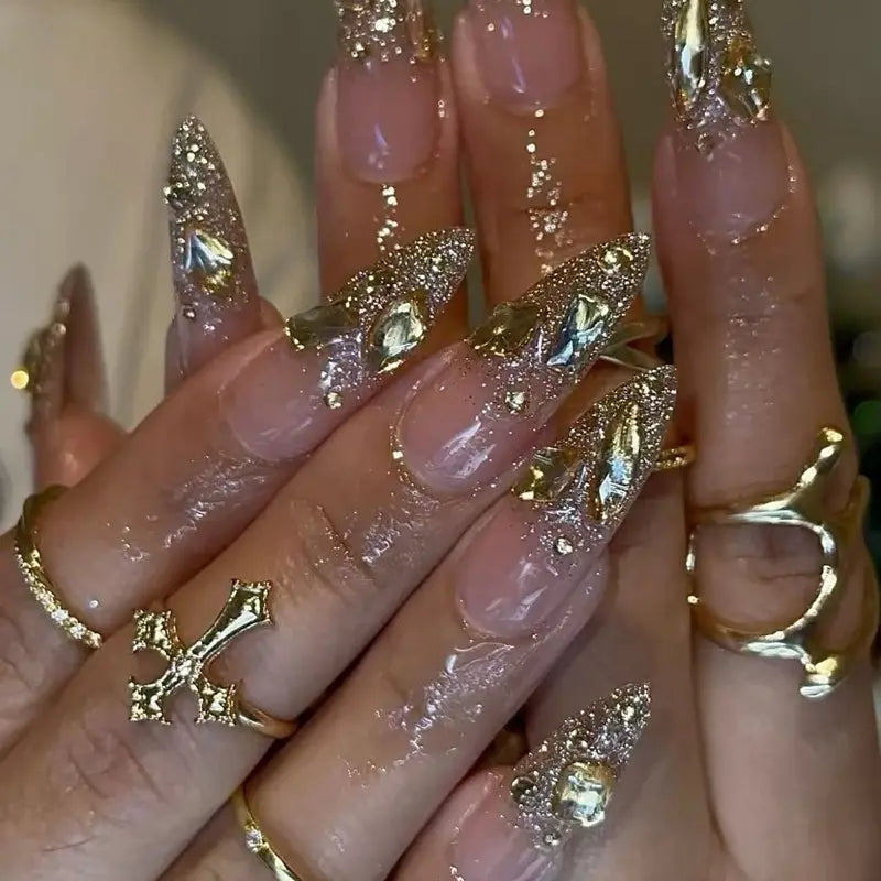 SHEDARES Golden Glitter – Luxury Nude Press-On Nails with Gold Glitter & Metallic Gems – Perfect for Weddings, Parties & Elegant Glam Nights