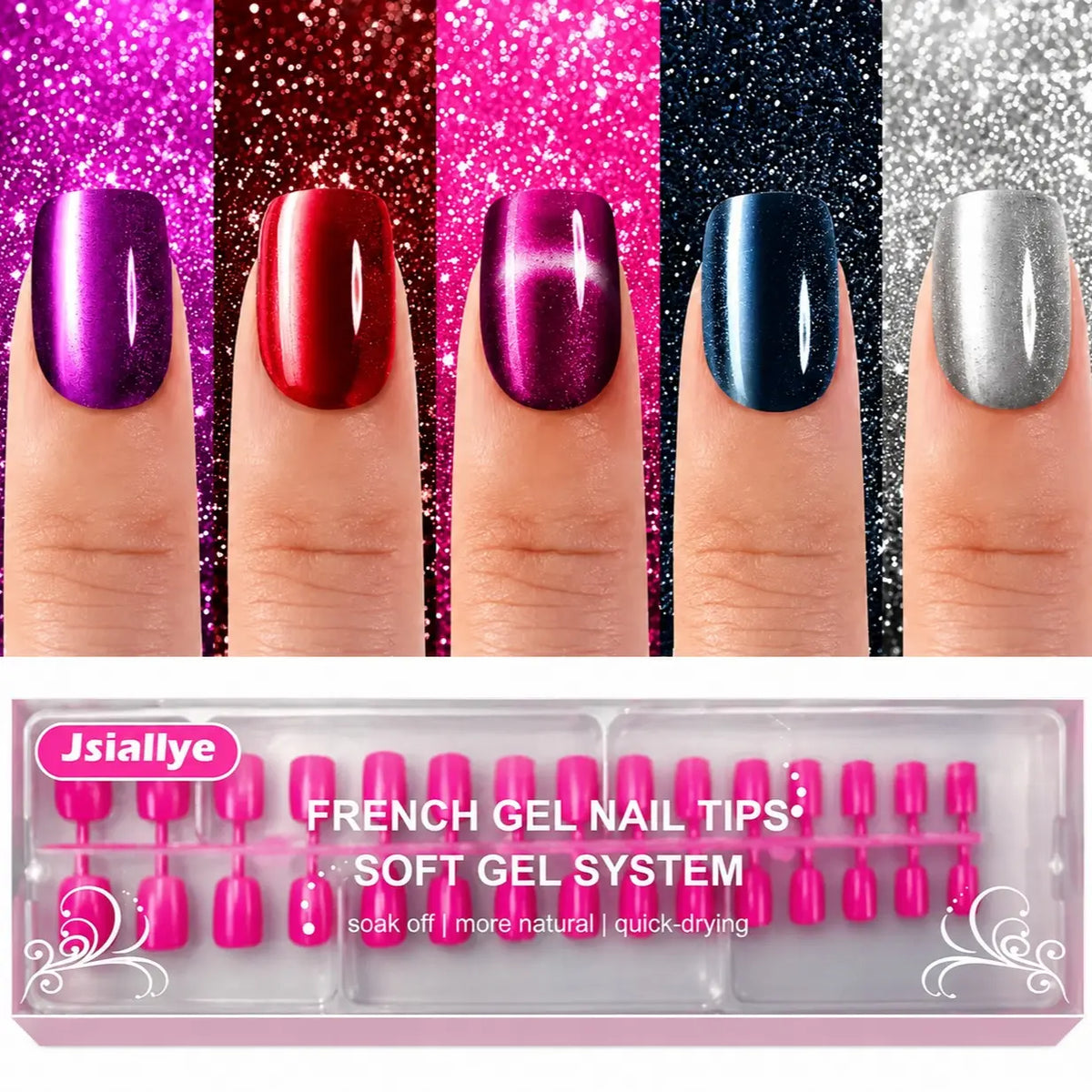 Jsiallye 150Pcs Cat Eye Press on Nails Short Square，Soft Gel Fake Nails, Glossy Glitter Cat Eye Nail Tips for Women and Girls Stick On Nails in 12 colour,summertime nail cateyes nail,salon -quality nails for everyday,gift for women summernail