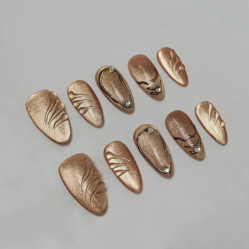 SHEDARES Bronze Luxe – Handmade Metallic Press-On Nails with 3D Carved Waves & Stud Accents – Parties, Dates, and Prom