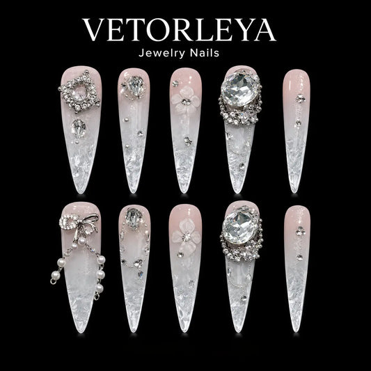 VETORLEYA Stiletto Press On Nails, Nude Clear Gradient 3D Bow Pearl Rhinestone Fake Nails，VDLYMJ29