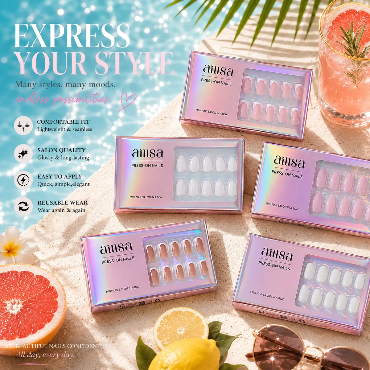 AILLSA Press-On Manicure, DIY Salon-Look Nail Art Set with Glossy Designs for Summer and Everyday Wear, Nail-Safe Press On False Nails backtoschool sohochic