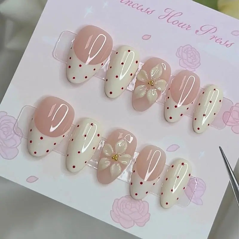 Salon-Quality Almond Fake Nails 30pcs, Polka Dot French Tip, 3D Flower Design, Reusable, Easy Application, No Nail Salon Needed for Women