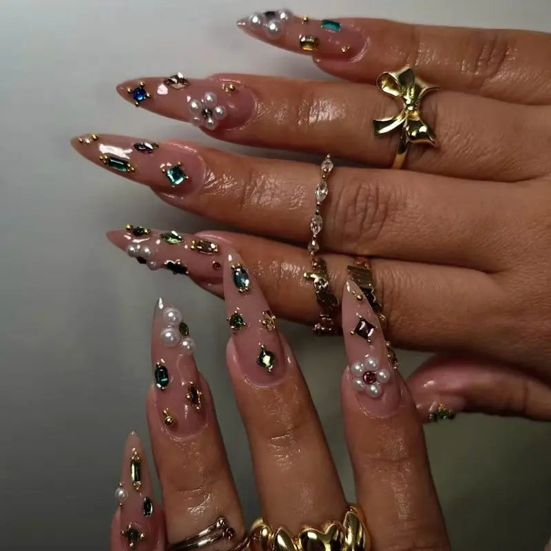SHEDARES Starlit Glam – Luxury Nude Press-On Nails with Pearls, Crystals & Golden Details  – Perfect for Glam Nights & Holiday Parties