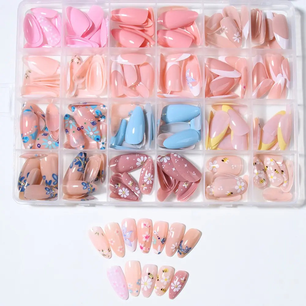 288pcs Long Almond Press-On Nails, False Nails, Decorative Nails, Floral Patterns Flower Cherry Blossom Bee Design, Includes Jelly Glue and Nail Files, Perfect for Parties and Daily Wear