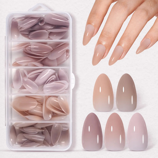AILLSA RealFit Nude Tone Mixed Color Press-On Nails Kit Set - 140pcs Gel X Pre-Shaped Full Cover Extensions, 5 Natural Colors, 14 Sizes for Easy Apply DIY Manicure, Beginner-Friendly Nail Care,sohochic