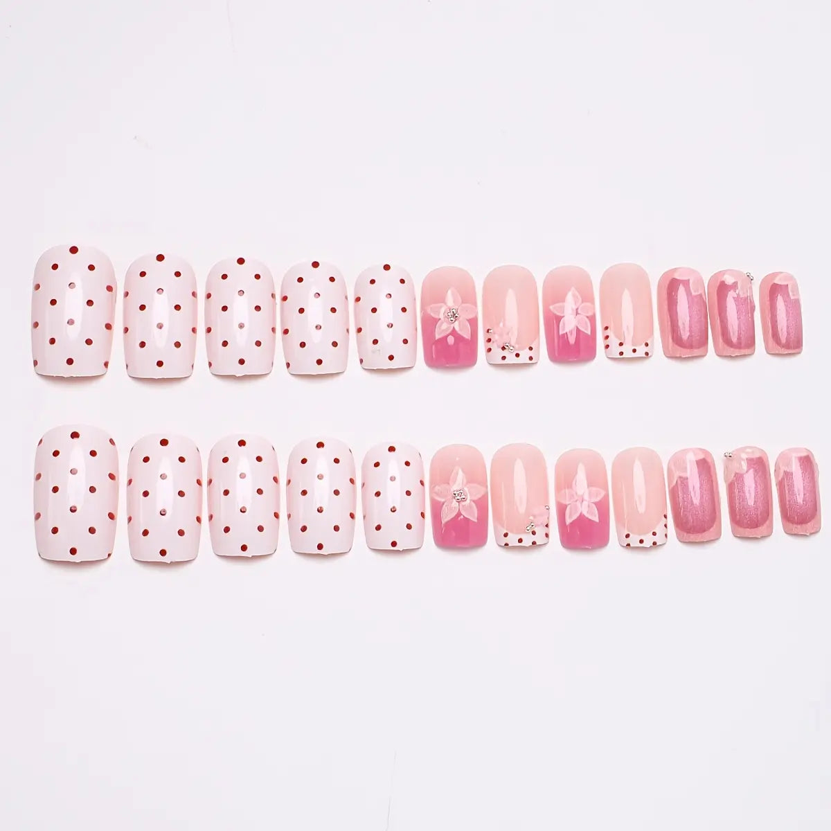 24Pcs Medium Square Sweet Press On Nails, 3D Fresh Gentle False Nails For Daily Wear Party, Comes With Jelly Glue & Nail File