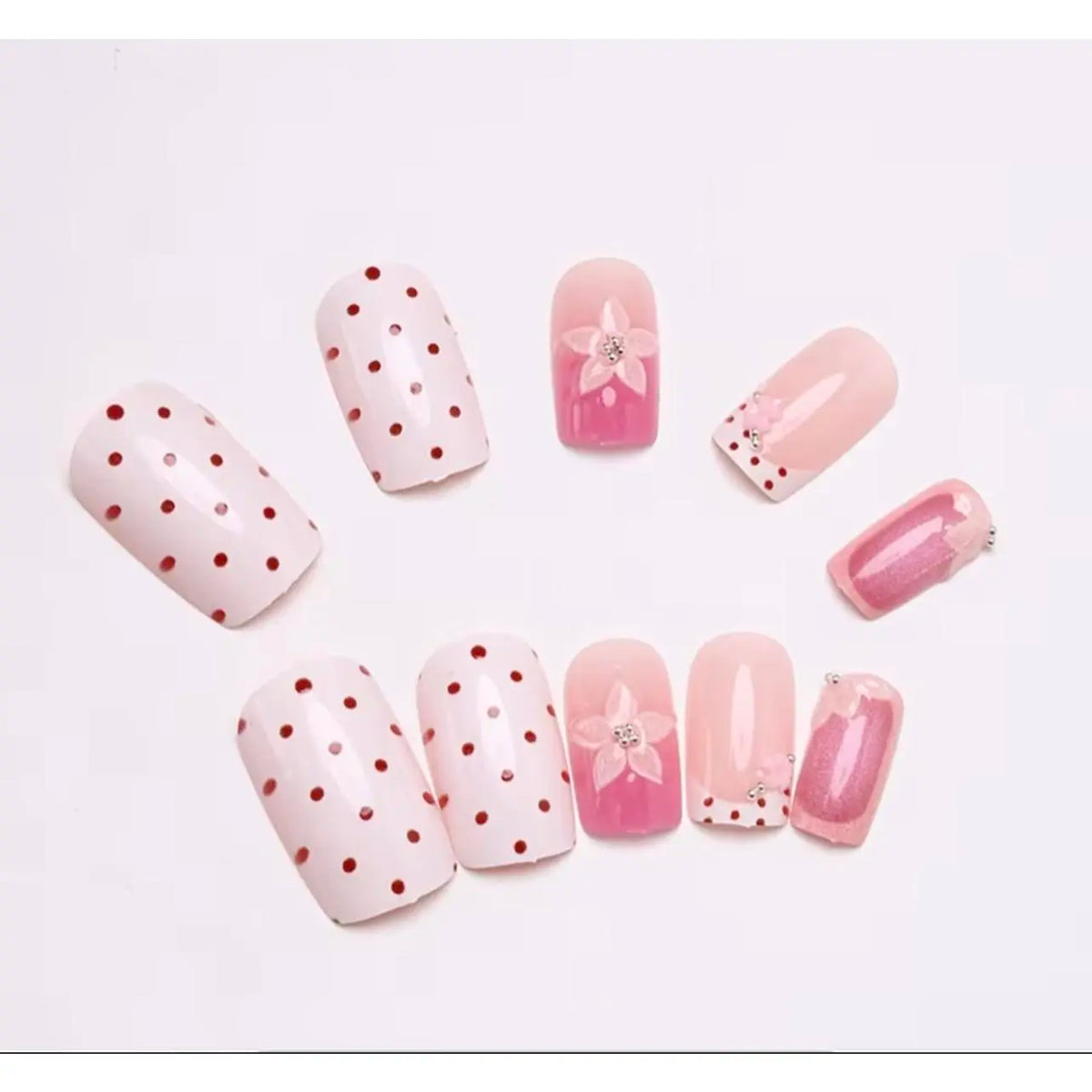 24pcs Square Style Sweet Pressed Nail Pieces with French Polka Dots 3D Carved Patterns & Golden Bead Additions for Gatherings & Daily Wear
