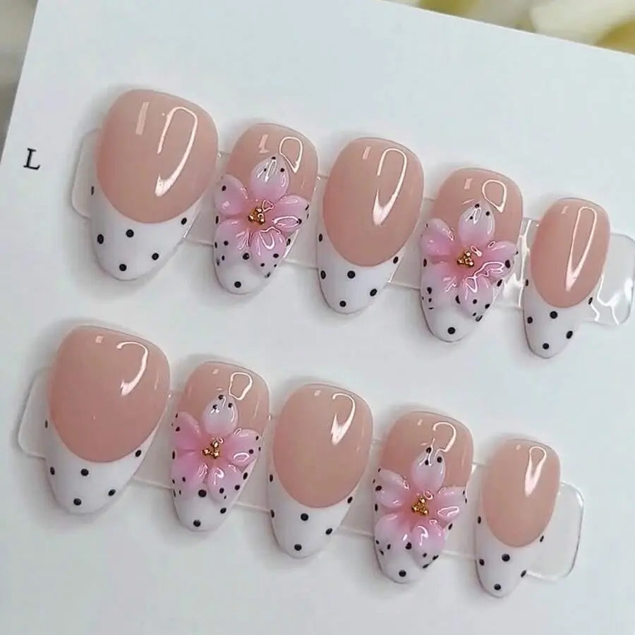 24pcs Polka Dot French Style Y2K 3D Carved INS Handmade Press-On Nails, Minimalist Versatile Gradient Pink Flower Nail Art, Suitable For Girls' Daily Wear, Fake Nail Tips, Nail Supplies