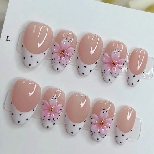 24pcs Polka Dot French Style Y2K 3D Carved INS Handmade Press-On Nails, Minimalist Versatile Gradient Pink Flower Nail Art, Suitable For Girls' Daily Wear, Fake Nail Tips, Nail Supplies