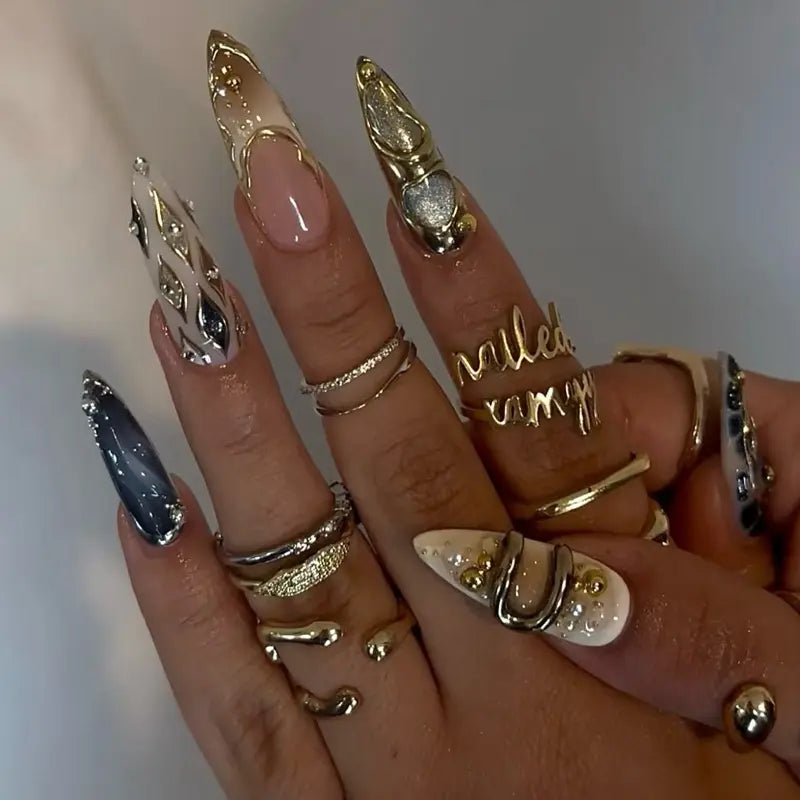 SHEDARES Metallic Chrome – Luxury Press-On Nails with Crystals, Pearlescent Shine & Sculpted Metal Art – Perfect for Night Out & Special Events