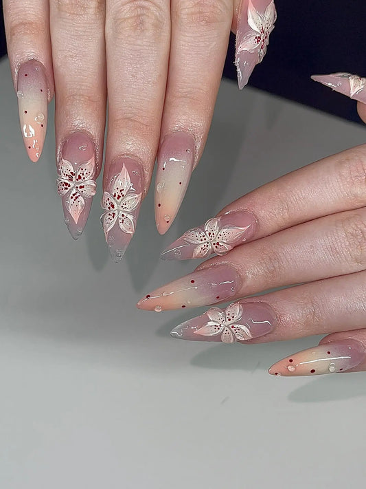 Luxury Nude Ombre Press On Nails Handmade  Long Stiletto 3D White Lily Flower Nails  Elegant Bridal Wedding Glue On Nails  Reusable Acrylic Fake Nail Set for Women  Salon Quality