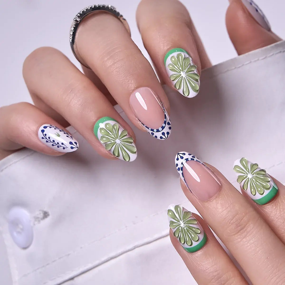 CurvLife Luxury Art Press-On Nails Collection – 30PCS Long Almond Styles, Intricate French Tips, Metallic Lines, Gem Accents and Elegant Statement Designs, Reusable Salon-Quality Nails for Special Occasions, Parties and Refined Everyday Glam