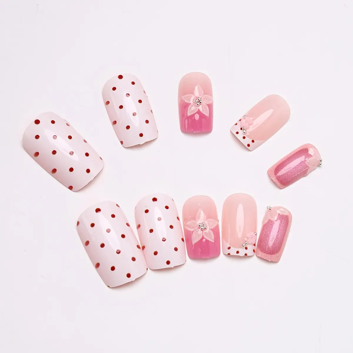 24Pcs Medium Square Sweet Press On Nails, 3D Fresh Gentle False Nails For Daily Wear Party, Comes With Jelly Glue & Nail File