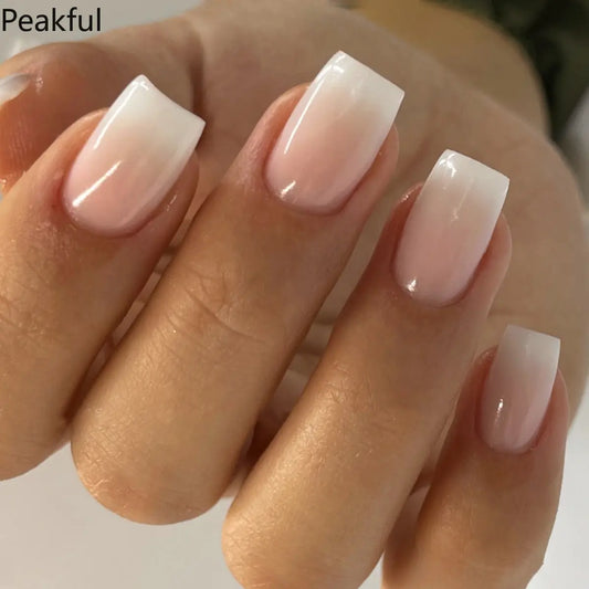 24Pcs Wholesale Classic French Pink White Gradient Press-On Nails, Long Square Glossy Fake Nails with Ombre Finish, Reusable Manicure Set for Women, Perfect for Weddings, Prom & Daily Chic