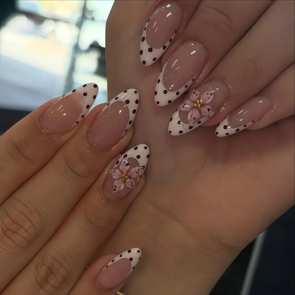 24pcs Polka Dot French Style Y2K 3D Carved INS Handmade Press-On Nails, Minimalist Versatile Gradient Pink Flower Nail Art, Suitable For Girls' Daily Wear, Fake Nail Tips, Nail Supplies