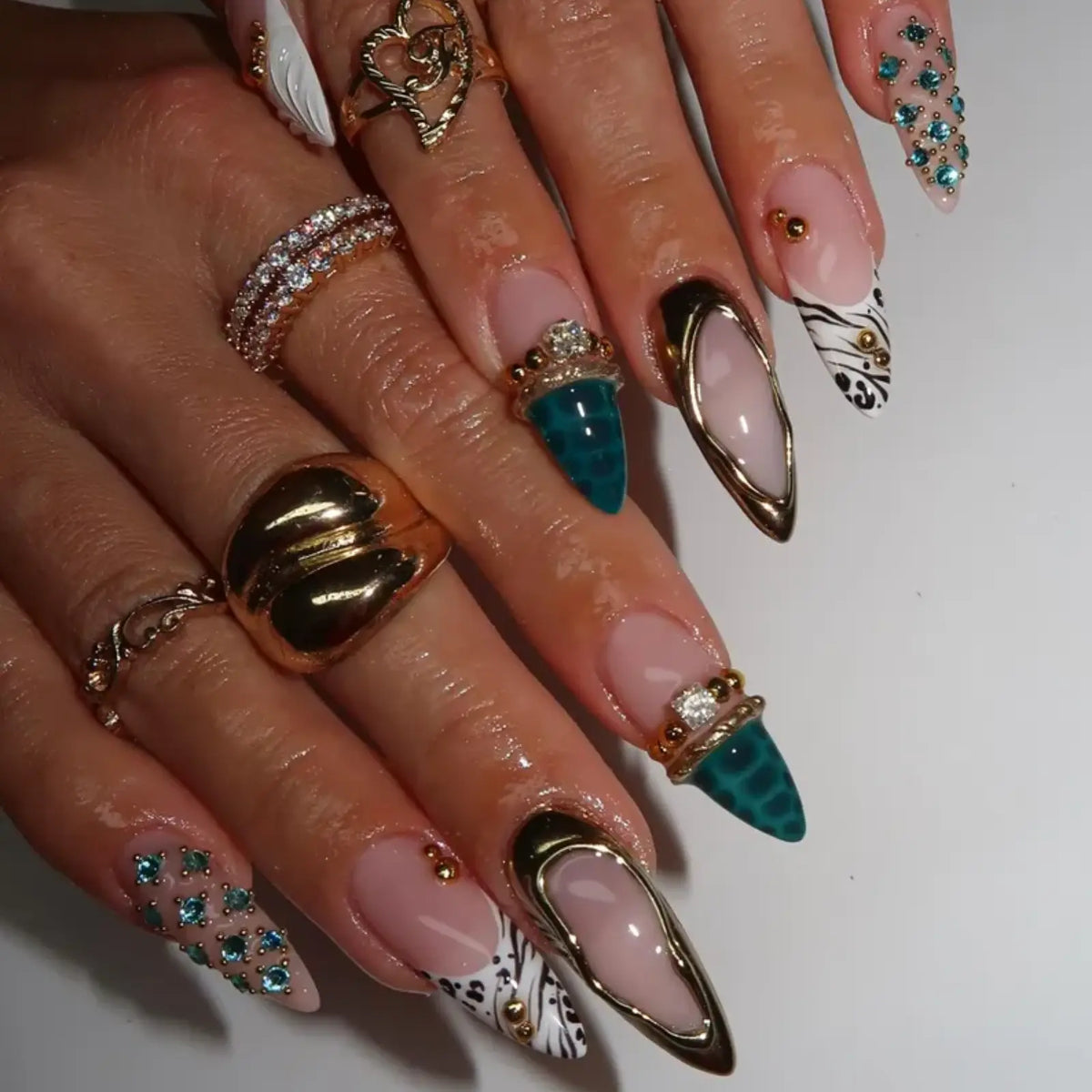 Turquoise Gold Luxury Stiletto Nails, 3D Rhinestone Press On Nails, Zebra French Tip & Teal Crocodile Nail Art, Glam Y2K Statement Manicure