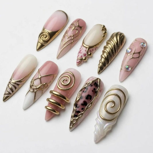 Pink Gold Sculpted Press On Nails, Metallic Swirl Details, Heart Motif, Leopard Accent, Crystal Embellishments, Luxury Statement Nail Set