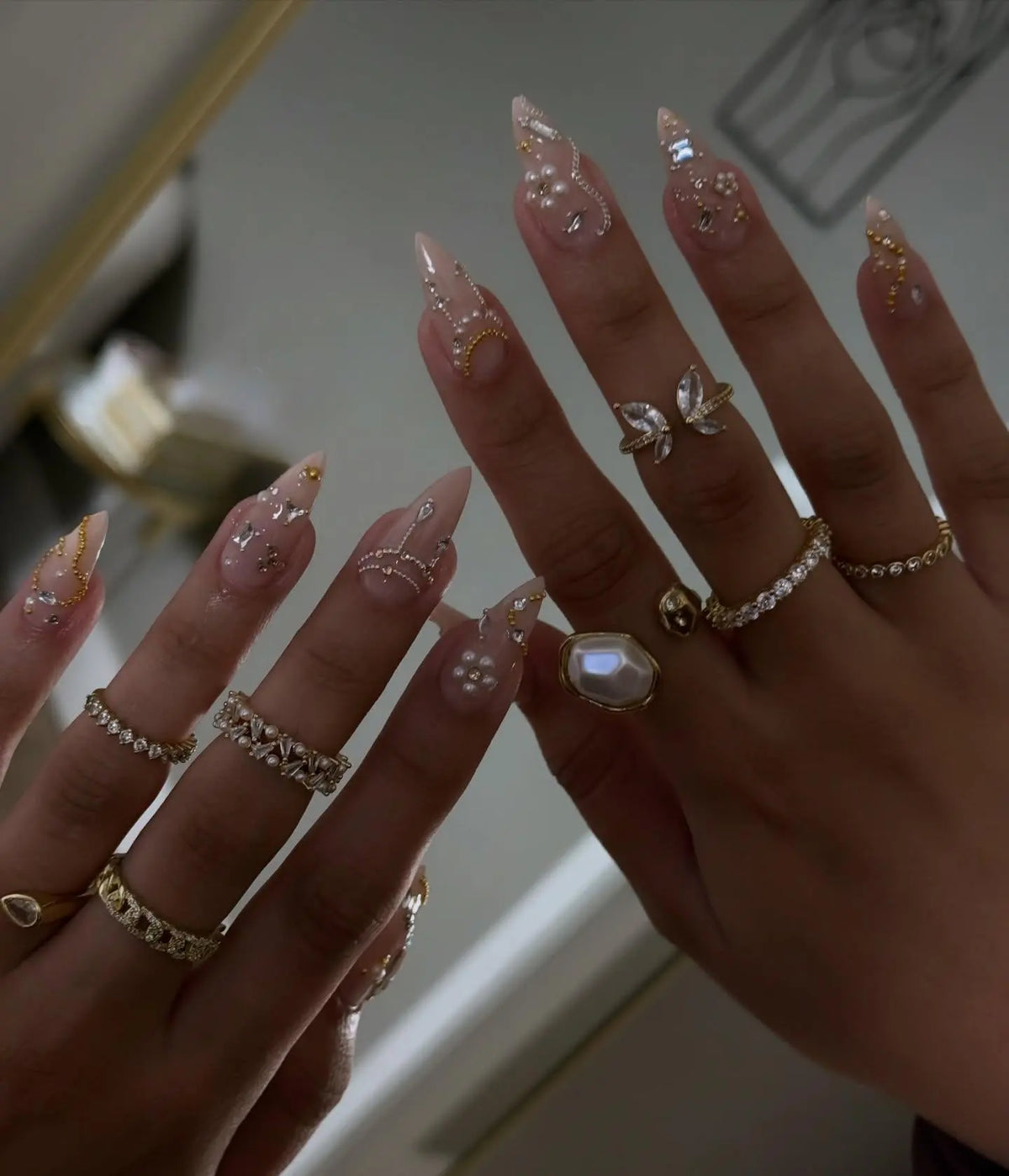 Handmade Pearl & Gold Drip Luxury Stiletto Press On Nails | Elegant Bridal White Pearl Fake Nails | 3D Crystal Wedding, Event Nail Gems