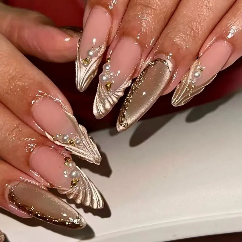 SHEDARES Pearl Cat-Eye Wings – Handmade Gold 3D Press-On Nails with Pearls & Metallic Sculpted Details  – Perfect for Glam Nights & Holiday Parties
