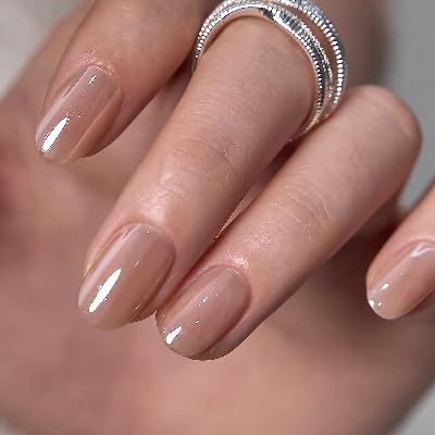 CurvLife Short Oval Chrome Nude Press On Nails, Champagne Pearl, Soft Gel