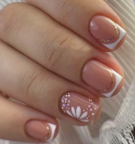 Cat Eye Press On Nails Short Square 3D Floral Pearl Wedding Nails 24PCS