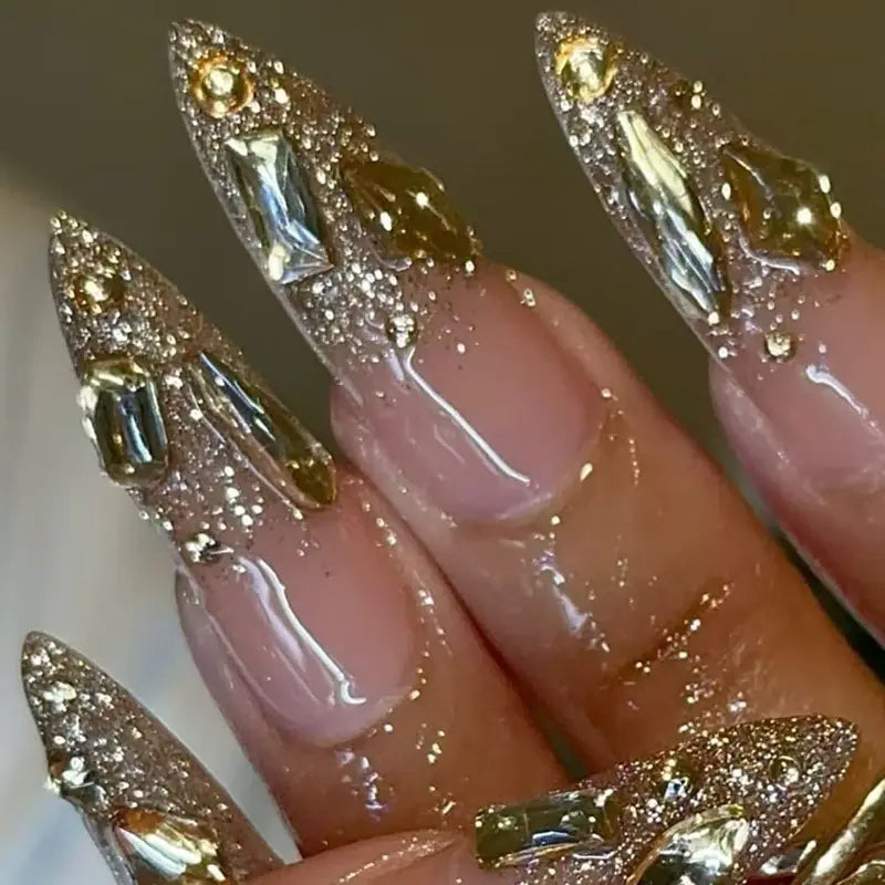 SHEDARES Golden Glitter – Luxury Nude Press-On Nails with Gold Glitter & Metallic Gems – Perfect for Weddings, Parties & Elegant Glam Nights