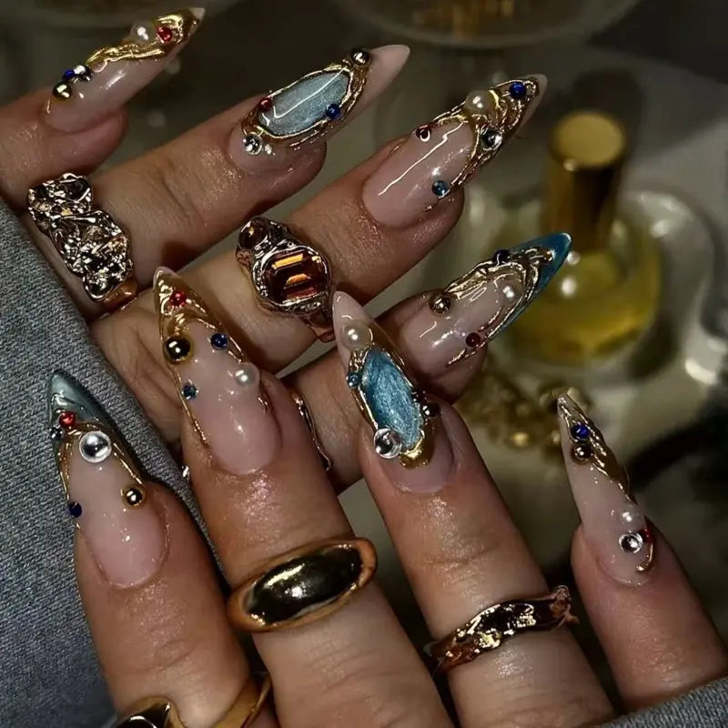 SHEDARES Gilded Heirloom – Luxury Press-On Nails with Sculpted Gold Art, Multicolor Gem Accents & Glossy Nude Base– Perfect for Night Out & Special Events