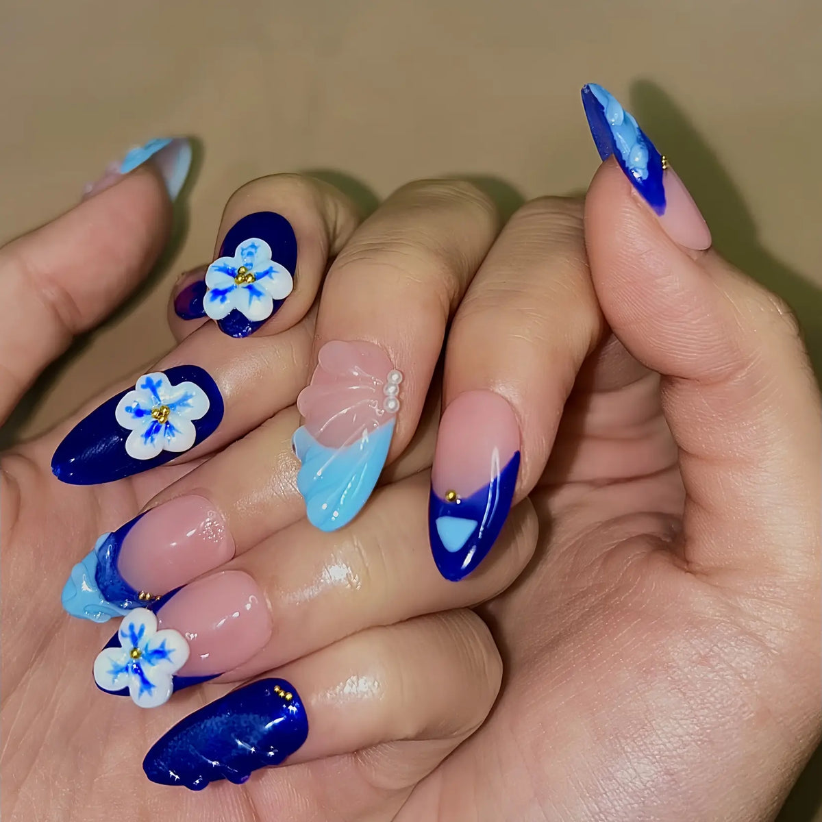 10Pcs Handmade Press On Nails Reusable Medium Handmade Acrylic Press Nails New Summer Collection, Cute Elegant Luxury Cat Eye Design, Ocean Inspired, High Quality Soft Sophisticated Look for Women Nail Art