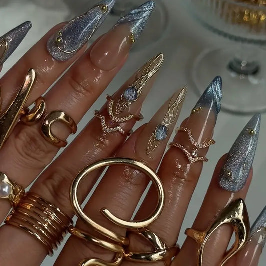 SHEDARES Luxe Galaxy – Handmade Metallic Grey & Nude Press-On Nails with Gold Charms & Marble Stone Effect – Celestial Luxury Nails for Dates & Special Events