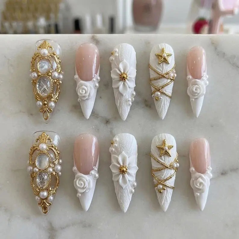 Luxury Bridal Press On Nails, White 3D Floral Pearl & Gold Design, Handmade Elegant Wedding Stiletto Fake Nails, Romantic Princess Nail Set