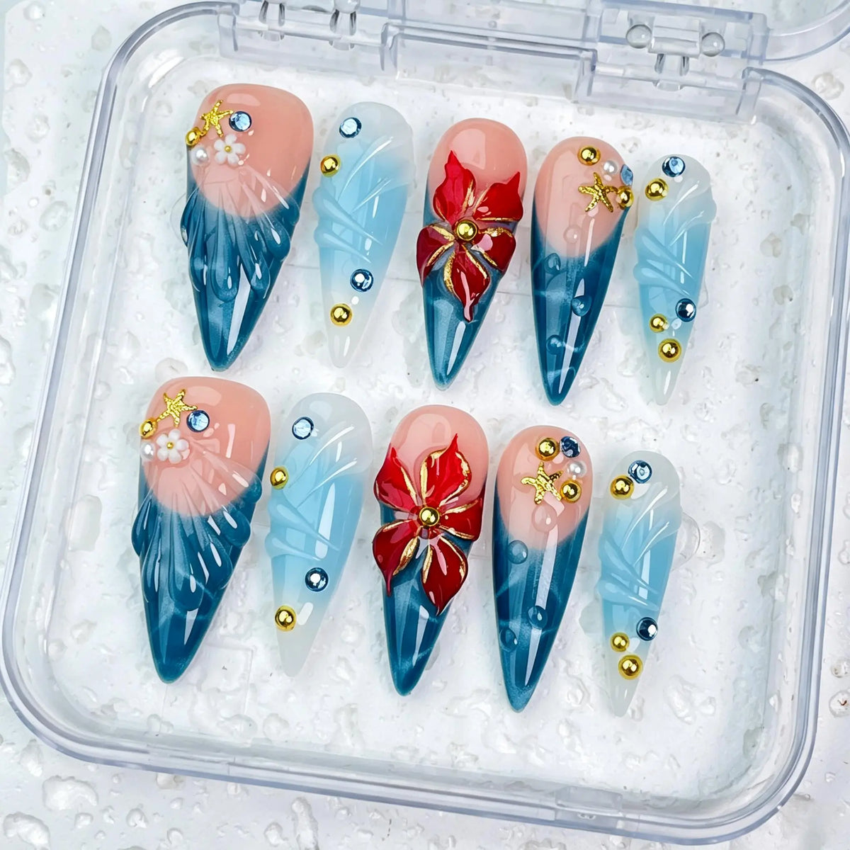 DivelleNails Handmade Press On Nails Collection 10pcs,Stiletto Nude Pink Gradient Nails,3D White Flower Gold Bangle Accent Blue Purple Heart Rhinestone,Reusable Acrylic False Nails