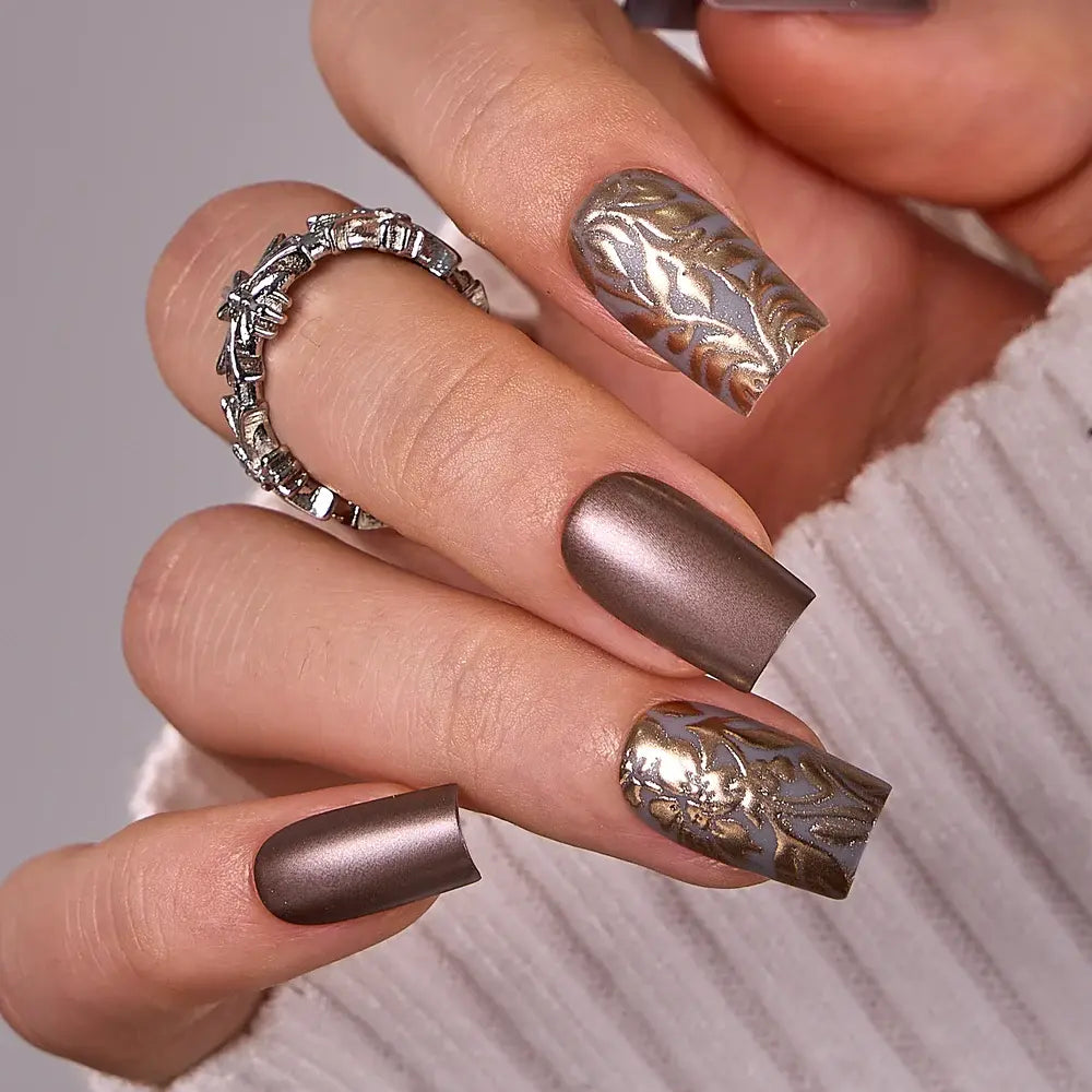Gilded Blooms Press On Nails | CurvLife Nail | 30pcs Medium Coffin Fake Nails | Glossy Finish with Golden Floral Accents & Radiant Shine | Easy to Apply, Comfortable & Long-Lasting | Ideal for Daily Commutes, Business Meetings, Banquets & Formal Events