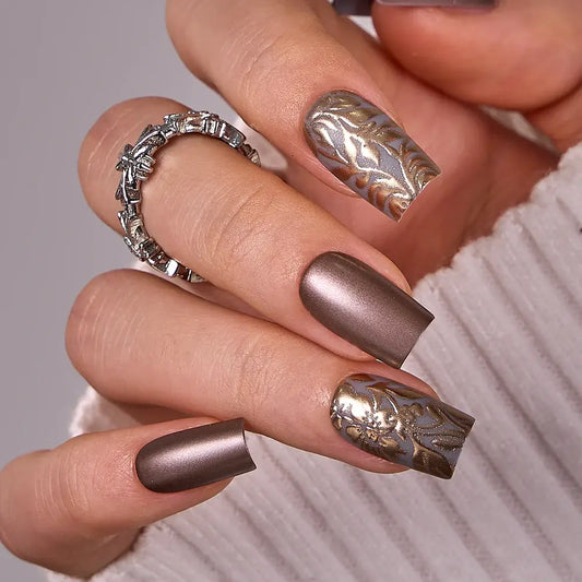 Gilded Blooms Press On Nails | CurvLife Nail | 30pcs Medium Coffin Fake Nails | Glossy Finish with Golden Floral Accents & Radiant Shine | Easy to Apply, Comfortable & Long-Lasting | Ideal for Daily Commutes, Business Meetings, Banquets & Formal Events