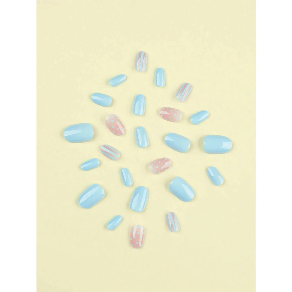 Women's 24pcs Pastel Blue Press-On Nails, Short Round Shape with Stripes & Polka Dots Design, Fake Nails for Daily Wear & Holiday Gift, Clean Girl Coquette Summer Aesthetic Fashion Accessory Set,sohochic