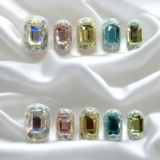 【FULLY ENCRUSTED DIAMOND】Luxury Diamonds Sparkle Princess Nails needlepoint  Handmade Press on Nails Nail Art cat eye Stunning  Butterfly charms with Accents Colorblock Bow Rhinestone Glossy Water Ripple French kit nail glue on nail tip piggy reusable, Pr