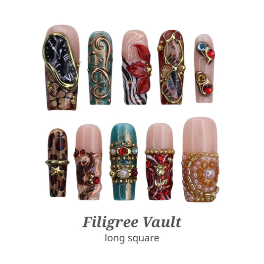 Lilynailsart | Maximalist Vintage Gold Nails – Filigree Gemstone Chrome 3D Rhinestone Nails – Long Square Luxury Nails
