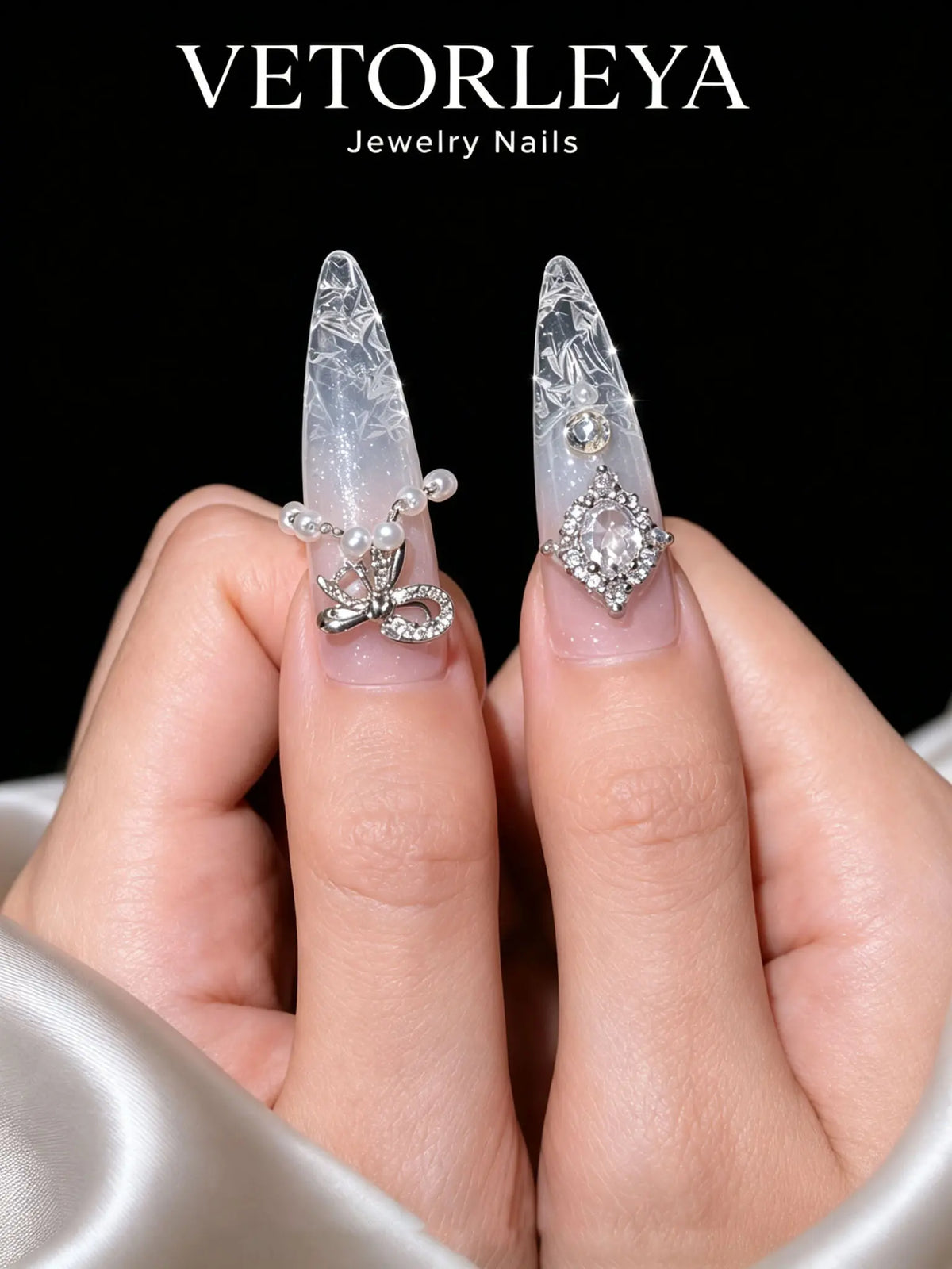 VETORLEYA Stiletto Press On Nails, Nude Clear Gradient 3D Bow Pearl Rhinestone Fake Nails，VDLYMJ29
