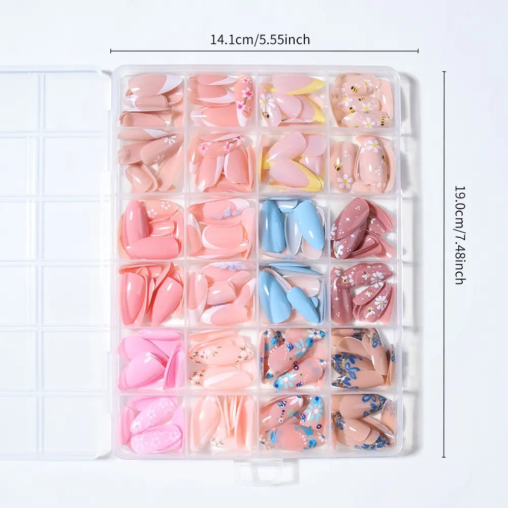 288pcs Long Almond Press-On Nails, False Nails, Decorative Nails, Floral Patterns Flower Cherry Blossom Bee Design, Includes Jelly Glue and Nail Files, Perfect for Parties and Daily Wear