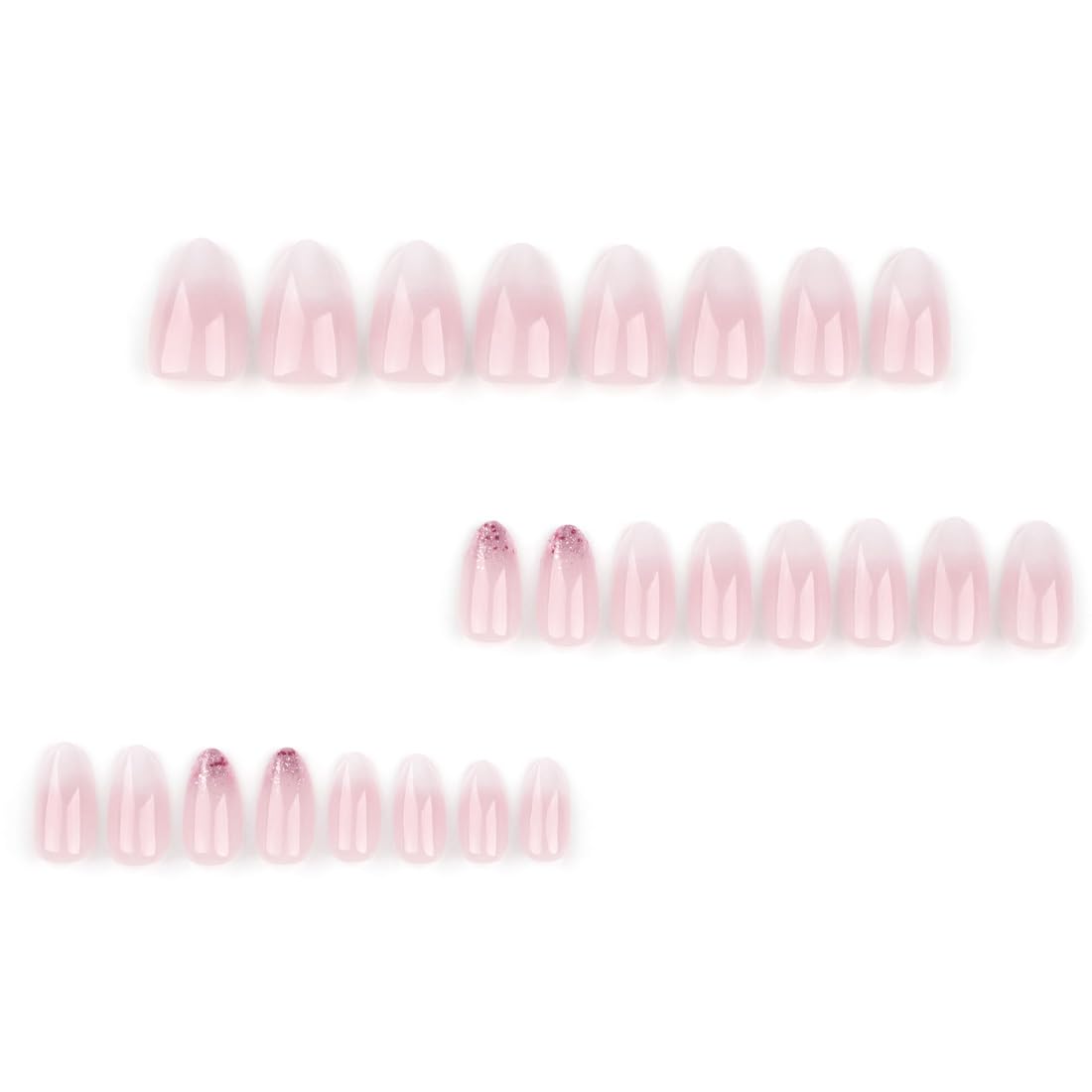 Ombre Almond Press on Nails Pink White Short Medium Fake Nail with Bling Designs Stick on fake on Nail for Wedding Manicure Classy for Women Gel Full Cover 24 Pcs