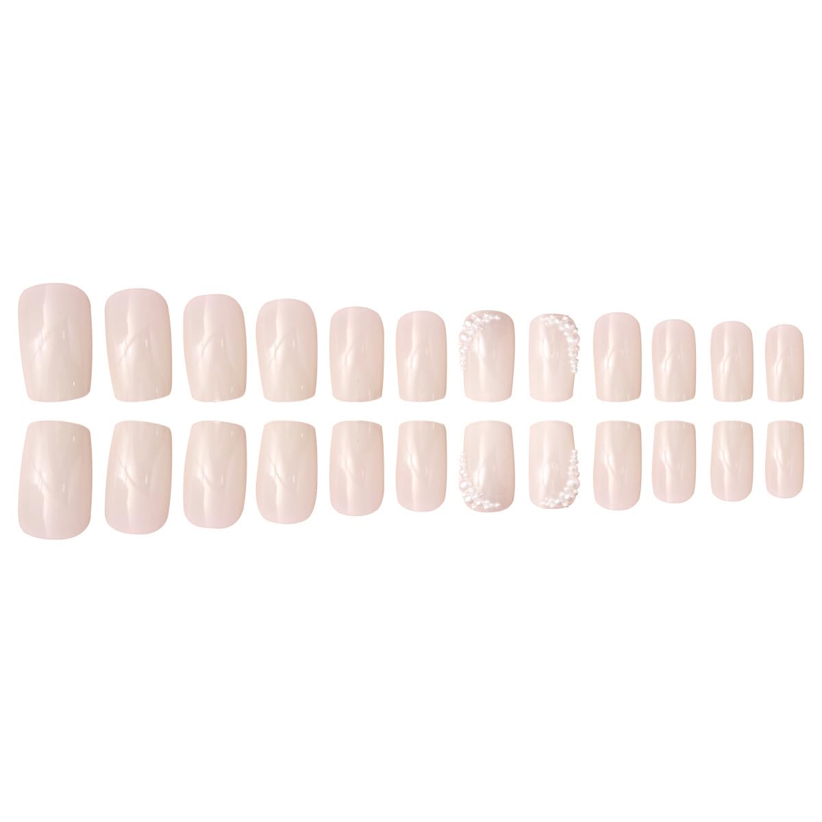 Milky White Press on Nails Medium Square, Pearls Deco Design, 24Pcs