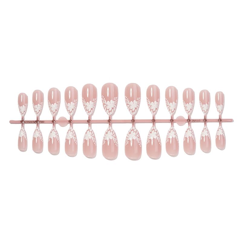 White Flower Press on Nails French Tip Fake Nails Medium Almond False Nails Glossy Artificial Stick on Nails Full Cover Acrylic Nails for Women Manicure 24Pcs