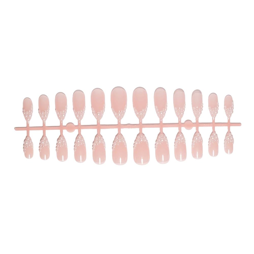 French Tip Press on Nails Medium Almond Fake Nails White Pearl False Nail Tips Summer Wedding Acrylic Nails Glossy Beach Glue on Nails Reusable Cute Stick on Nails for Women Manicure