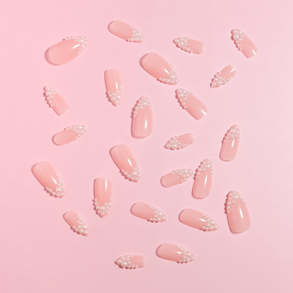 French Tip Press on Nails Medium Almond Fake Nails White Pearl False Nail Tips Summer Wedding Acrylic Nails Glossy Beach Glue on Nails Reusable Cute Stick on Nails for Women Manicure