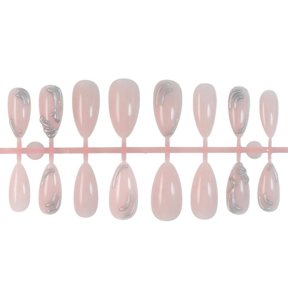 Almond Press on Nails Medium Fake Nails with 5D Metal Lines Charm Design Glossy Pink Nails Press on Curve Glue on Nails Reusable Luxury Silver Beads Acrylic Nail for Women 24Pcs