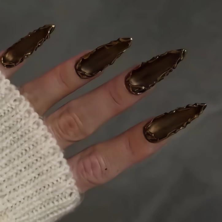BABALAL Long Stiletto Press on Nails Metallic Gold Chrome Fake Nails