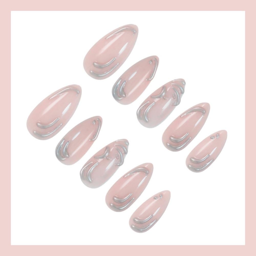 Almond Press on Nails Medium Fake Nails with 5D Metal Lines Charm Design Glossy Pink Nails Press on Curve Glue on Nails Reusable Luxury Silver Beads Acrylic Nail for Women 24Pcs