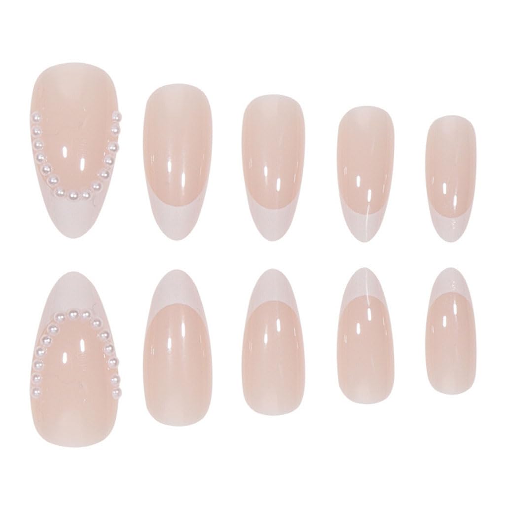 Foccna Press on Nails White Pearl Fake Nails Tips Almond Women's French False Nails White Medium Glossy Daily Wear Artificail Nails for Nail Art Manicure Decoration,24pcs